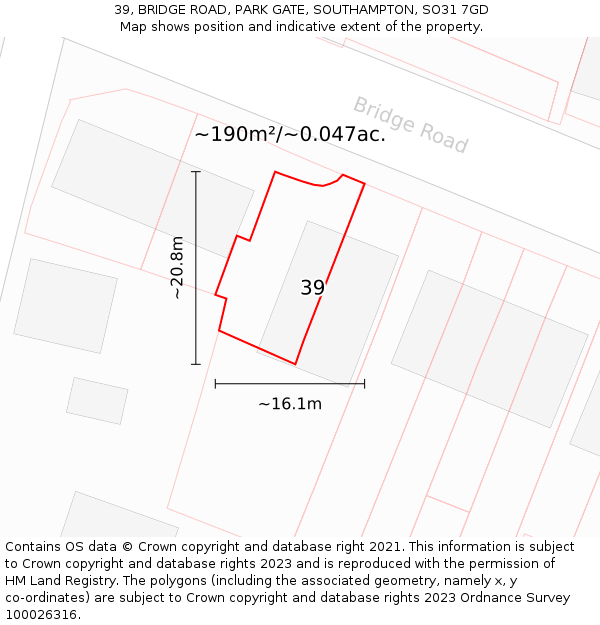 39, BRIDGE ROAD, PARK GATE, SOUTHAMPTON, SO31 7GD: Plot and title map