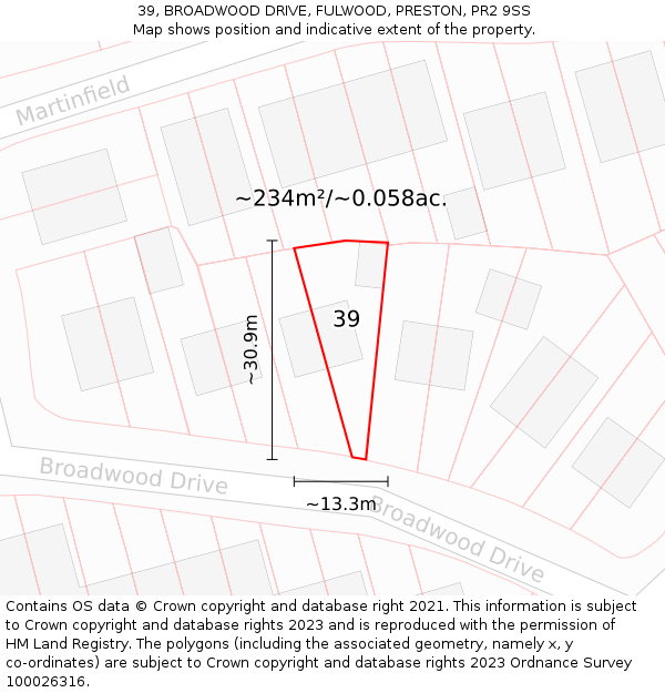 39, BROADWOOD DRIVE, FULWOOD, PRESTON, PR2 9SS: Plot and title map