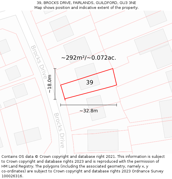 39, BROCKS DRIVE, FAIRLANDS, GUILDFORD, GU3 3NE: Plot and title map