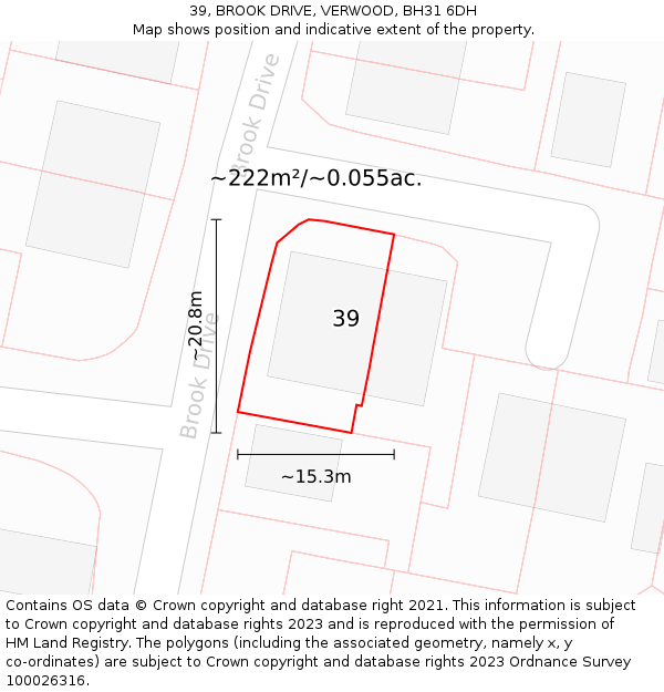 39, BROOK DRIVE, VERWOOD, BH31 6DH: Plot and title map