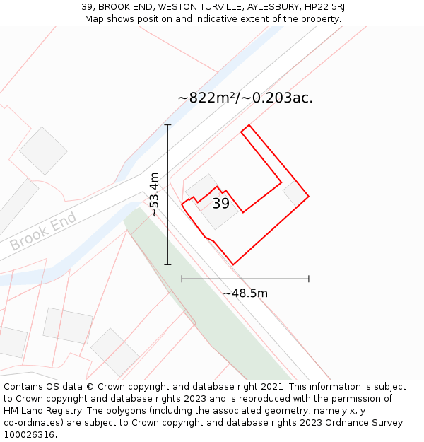 39, BROOK END, WESTON TURVILLE, AYLESBURY, HP22 5RJ: Plot and title map