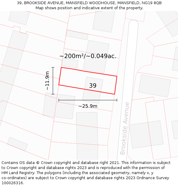 39, BROOKSIDE AVENUE, MANSFIELD WOODHOUSE, MANSFIELD, NG19 8QB: Plot and title map