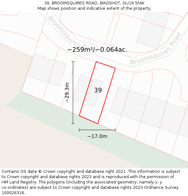 39, BROOMSQUIRES ROAD, BAGSHOT, GU19 5NW: Plot and title map