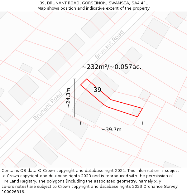 39, BRUNANT ROAD, GORSEINON, SWANSEA, SA4 4FL: Plot and title map