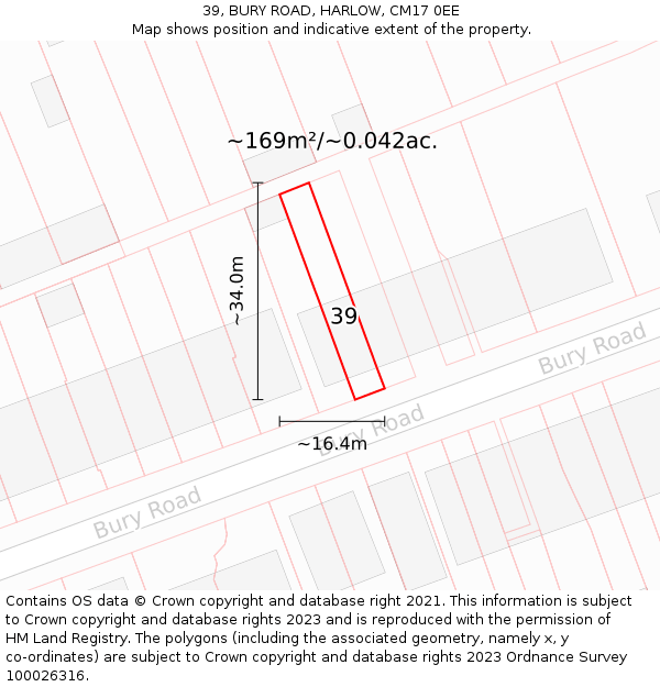 39, BURY ROAD, HARLOW, CM17 0EE: Plot and title map