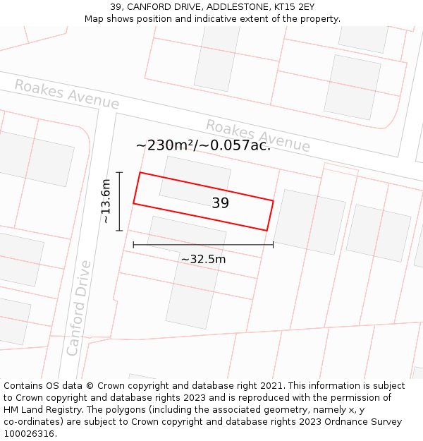 39, CANFORD DRIVE, ADDLESTONE, KT15 2EY: Plot and title map