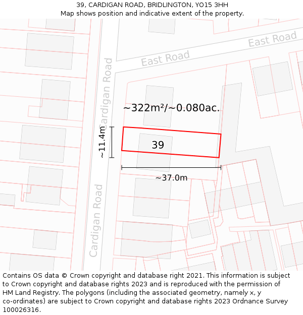 39, CARDIGAN ROAD, BRIDLINGTON, YO15 3HH: Plot and title map