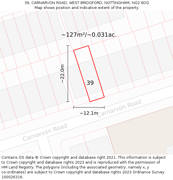 39, CARNARVON ROAD, WEST BRIDGFORD, NOTTINGHAM, NG2 6DG: Plot and title map