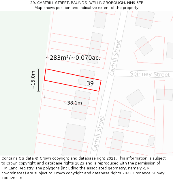 39, CARTRILL STREET, RAUNDS, WELLINGBOROUGH, NN9 6ER: Plot and title map