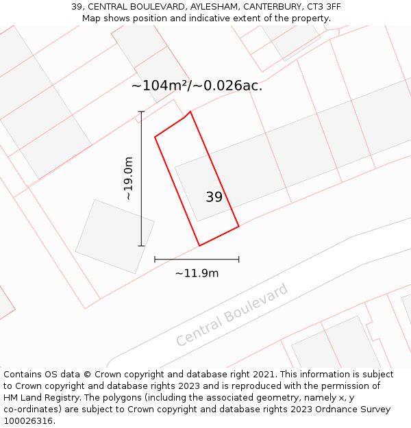 39, CENTRAL BOULEVARD, AYLESHAM, CANTERBURY, CT3 3FF: Plot and title map