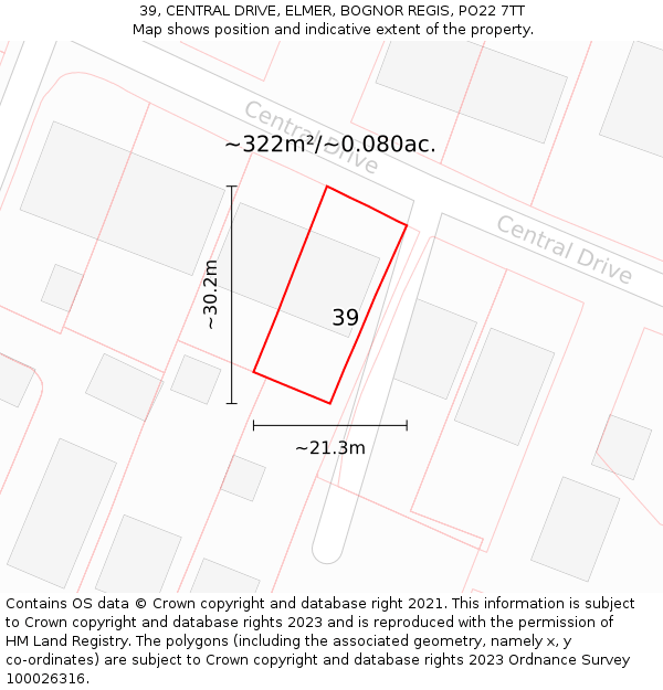 39, CENTRAL DRIVE, ELMER, BOGNOR REGIS, PO22 7TT: Plot and title map