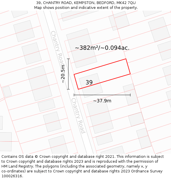 39, CHANTRY ROAD, KEMPSTON, BEDFORD, MK42 7QU: Plot and title map