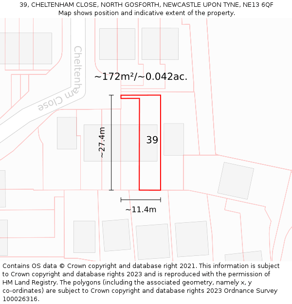 39, CHELTENHAM CLOSE, NORTH GOSFORTH, NEWCASTLE UPON TYNE, NE13 6QF: Plot and title map