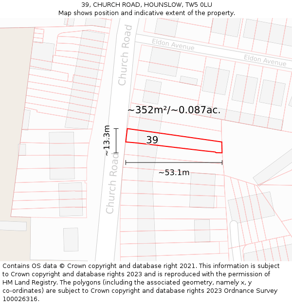 39, CHURCH ROAD, HOUNSLOW, TW5 0LU: Plot and title map