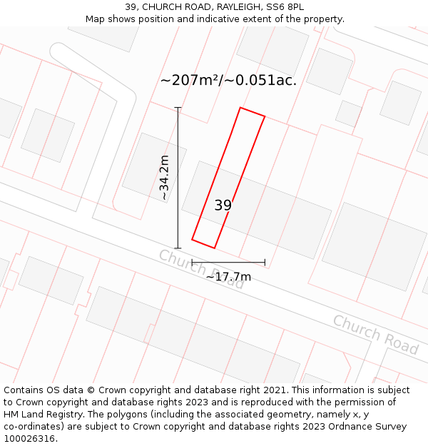 39, CHURCH ROAD, RAYLEIGH, SS6 8PL: Plot and title map