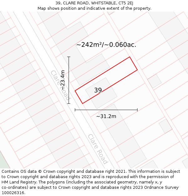 39, CLARE ROAD, WHITSTABLE, CT5 2EJ: Plot and title map