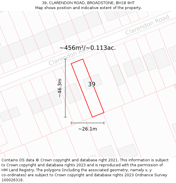 39, CLARENDON ROAD, BROADSTONE, BH18 9HT: Plot and title map