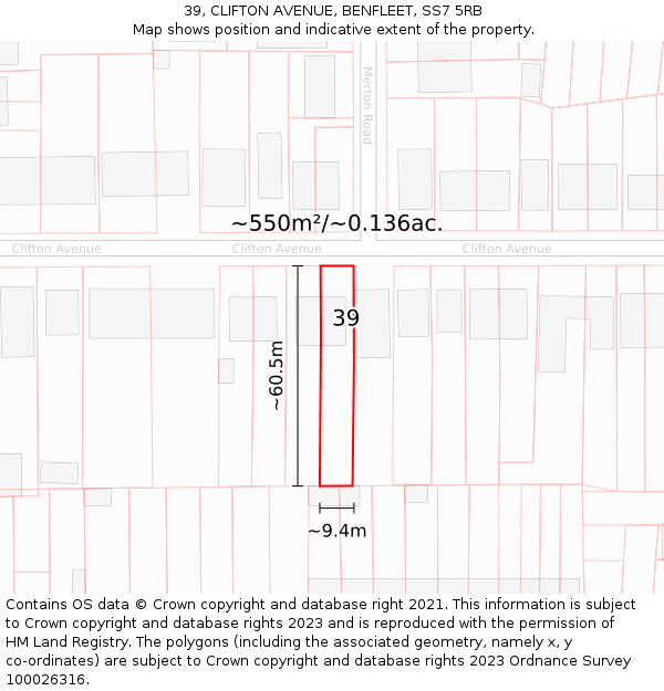39, CLIFTON AVENUE, BENFLEET, SS7 5RB: Plot and title map