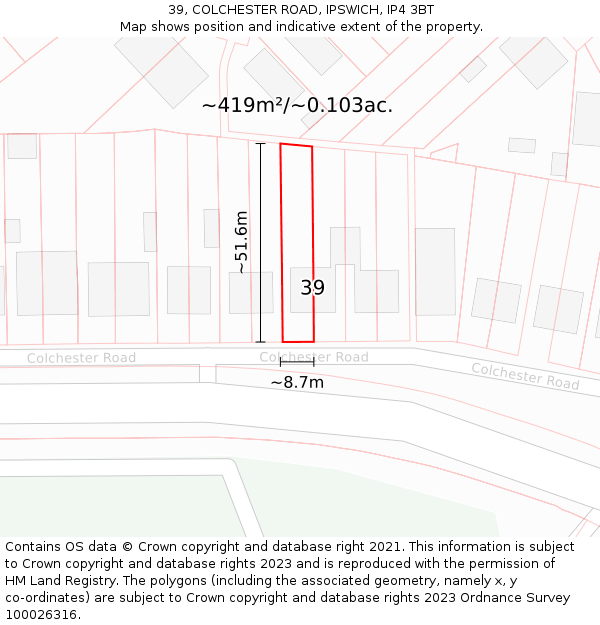 39, COLCHESTER ROAD, IPSWICH, IP4 3BT: Plot and title map