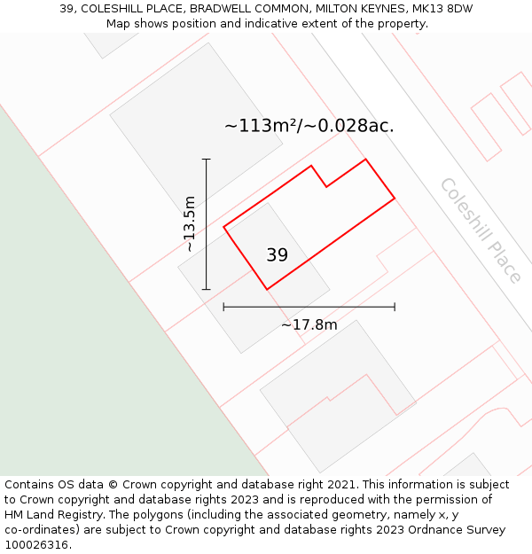 39, COLESHILL PLACE, BRADWELL COMMON, MILTON KEYNES, MK13 8DW: Plot and title map