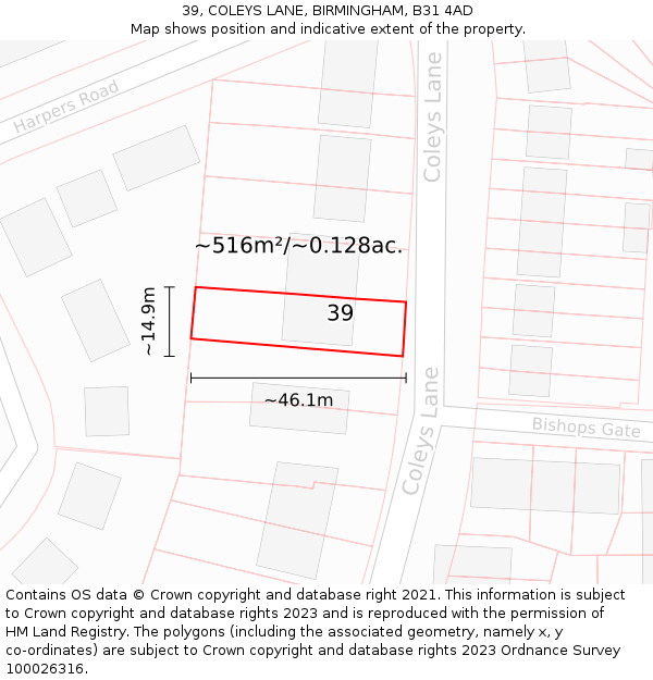 39, COLEYS LANE, BIRMINGHAM, B31 4AD: Plot and title map