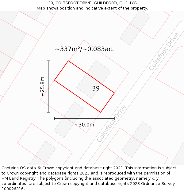 39, COLTSFOOT DRIVE, GUILDFORD, GU1 1YG: Plot and title map