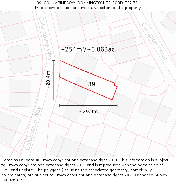 39, COLUMBINE WAY, DONNINGTON, TELFORD, TF2 7RL: Plot and title map