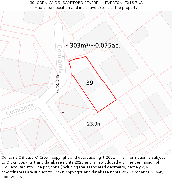 39, CORNLANDS, SAMPFORD PEVERELL, TIVERTON, EX16 7UA: Plot and title map