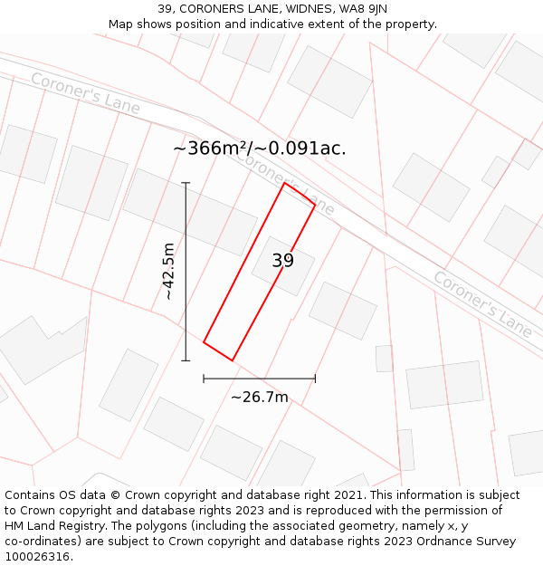 39, CORONERS LANE, WIDNES, WA8 9JN: Plot and title map