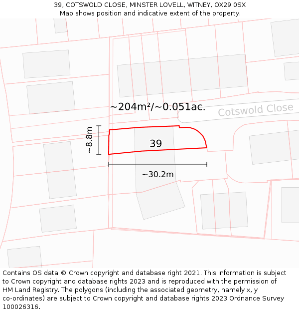 39, COTSWOLD CLOSE, MINSTER LOVELL, WITNEY, OX29 0SX: Plot and title map