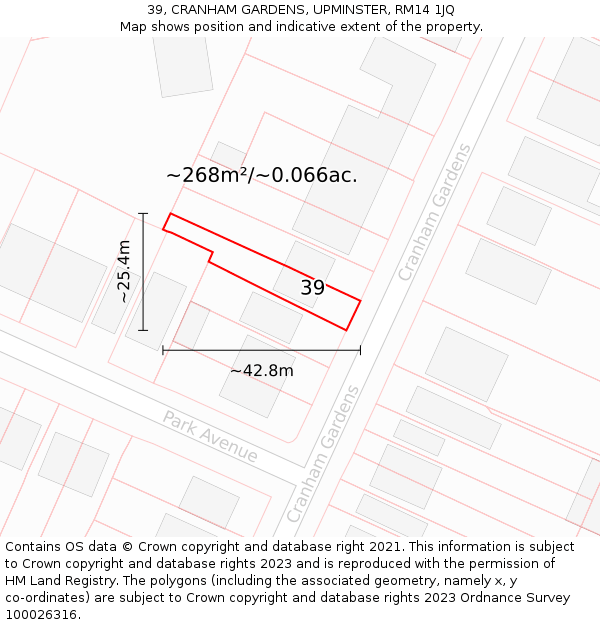 39, CRANHAM GARDENS, UPMINSTER, RM14 1JQ: Plot and title map