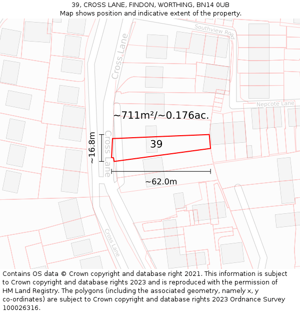 39, CROSS LANE, FINDON, WORTHING, BN14 0UB: Plot and title map