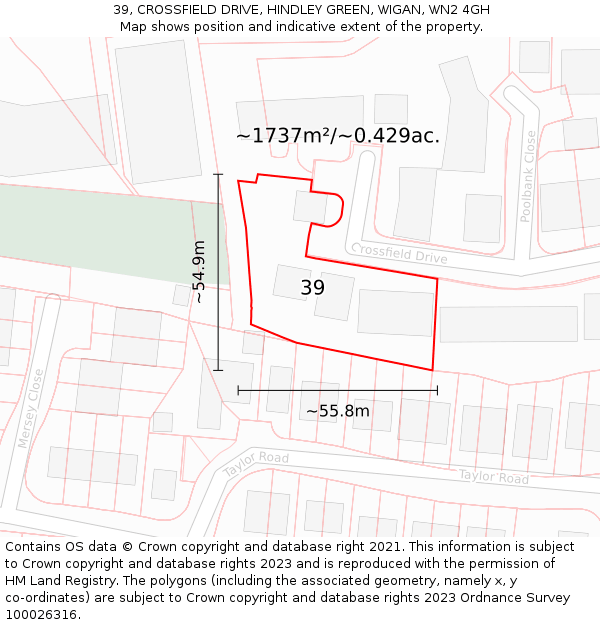 39, CROSSFIELD DRIVE, HINDLEY GREEN, WIGAN, WN2 4GH: Plot and title map