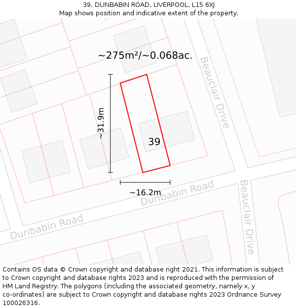 39, DUNBABIN ROAD, LIVERPOOL, L15 6XJ: Plot and title map