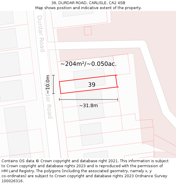 39, DURDAR ROAD, CARLISLE, CA2 4SB: Plot and title map