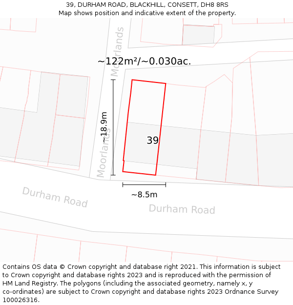 39, DURHAM ROAD, BLACKHILL, CONSETT, DH8 8RS: Plot and title map