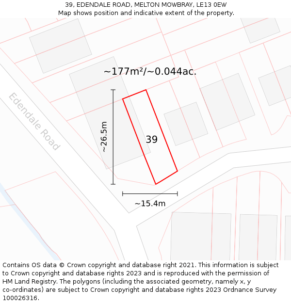 39, EDENDALE ROAD, MELTON MOWBRAY, LE13 0EW: Plot and title map
