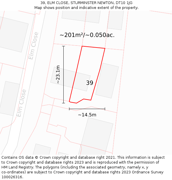 39, ELM CLOSE, STURMINSTER NEWTON, DT10 1JG: Plot and title map