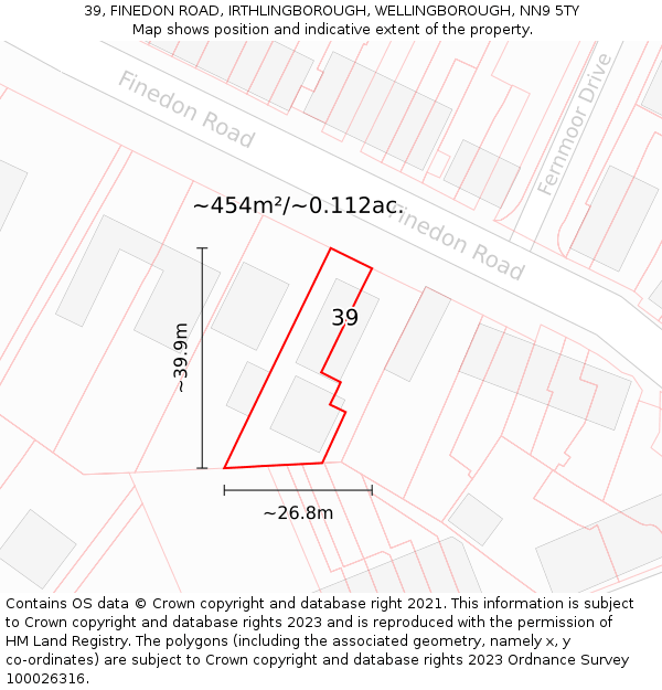 39, FINEDON ROAD, IRTHLINGBOROUGH, WELLINGBOROUGH, NN9 5TY: Plot and title map