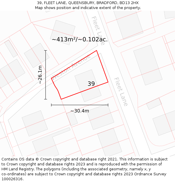 39, FLEET LANE, QUEENSBURY, BRADFORD, BD13 2HX: Plot and title map