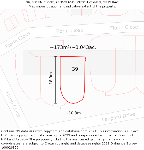 39, FLORIN CLOSE, PENNYLAND, MILTON KEYNES, MK15 8AG: Plot and title map