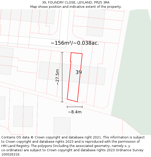 39, FOUNDRY CLOSE, LEYLAND, PR25 3RA: Plot and title map