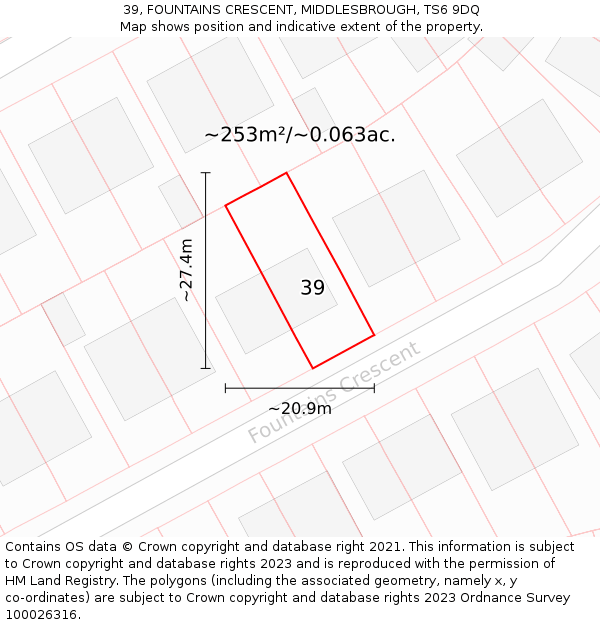 39, FOUNTAINS CRESCENT, MIDDLESBROUGH, TS6 9DQ: Plot and title map