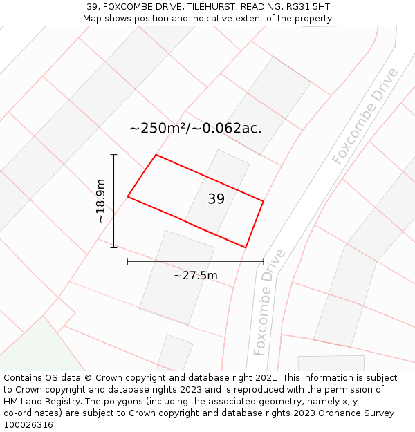 39, FOXCOMBE DRIVE, TILEHURST, READING, RG31 5HT: Plot and title map
