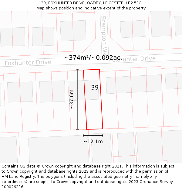 39, FOXHUNTER DRIVE, OADBY, LEICESTER, LE2 5FG: Plot and title map