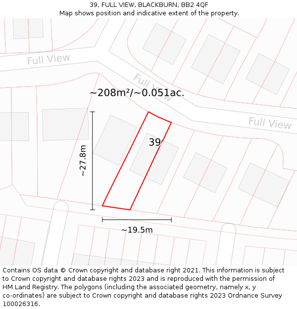 39, FULL VIEW, BLACKBURN, BB2 4QF: Plot and title map