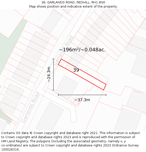 39, GARLANDS ROAD, REDHILL, RH1 6NX: Plot and title map