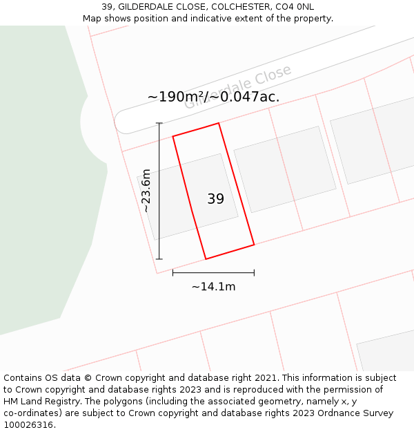 39, GILDERDALE CLOSE, COLCHESTER, CO4 0NL: Plot and title map