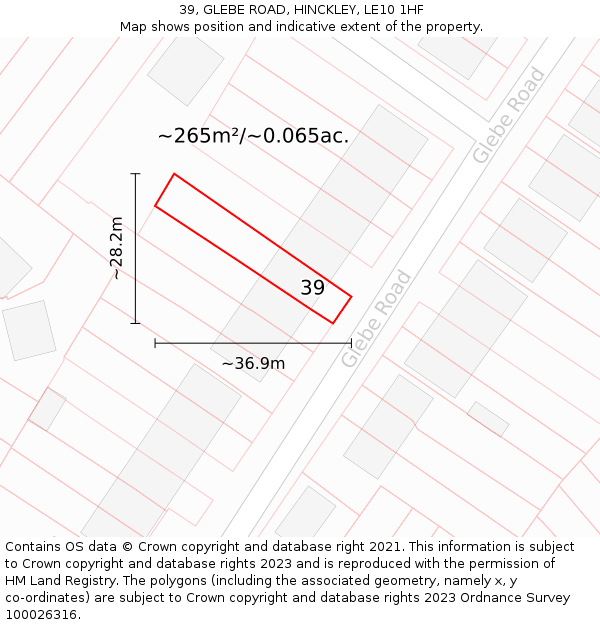 39, GLEBE ROAD, HINCKLEY, LE10 1HF: Plot and title map