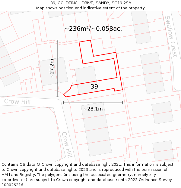 39, GOLDFINCH DRIVE, SANDY, SG19 2SA: Plot and title map